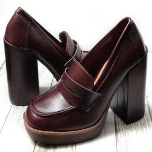 New Burgundy Square Toe Platform Penny Loafers Chunky Heels